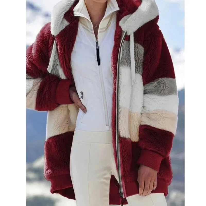 Damen Teddyjacke mit Kapuze und Farbblock-Design