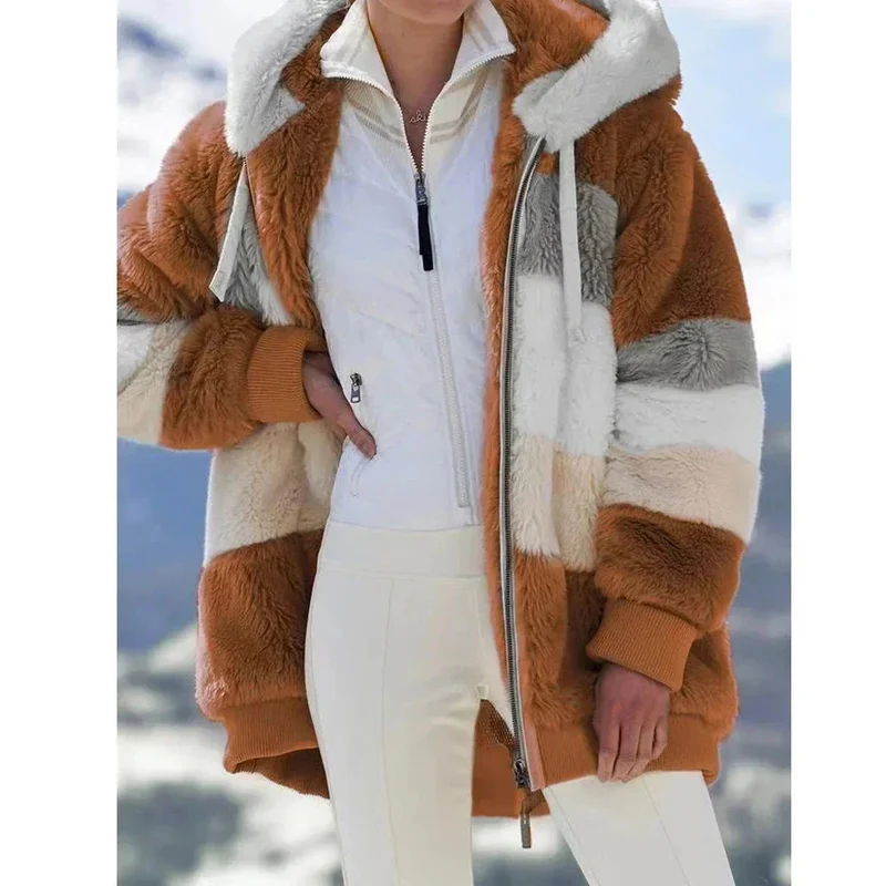 Damen Teddyjacke mit Kapuze und Farbblock-Design