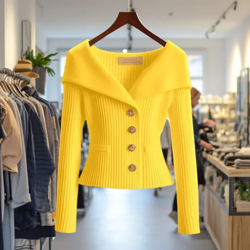 Damen Strickjacke mit breitem Kragen und Knöpfen