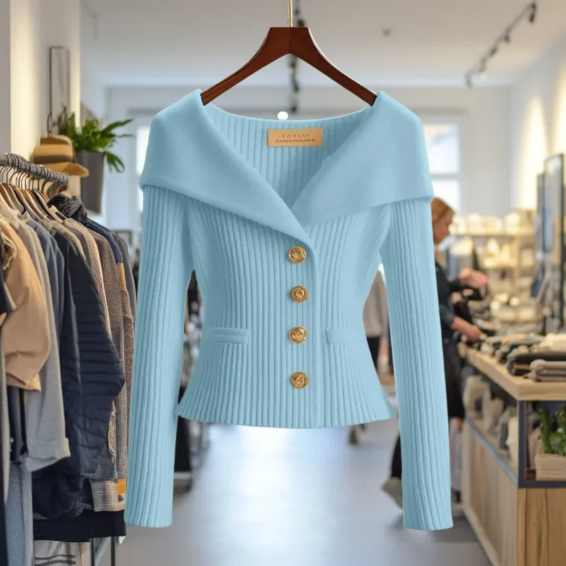 Damen Strickjacke mit breitem Kragen und Knöpfen