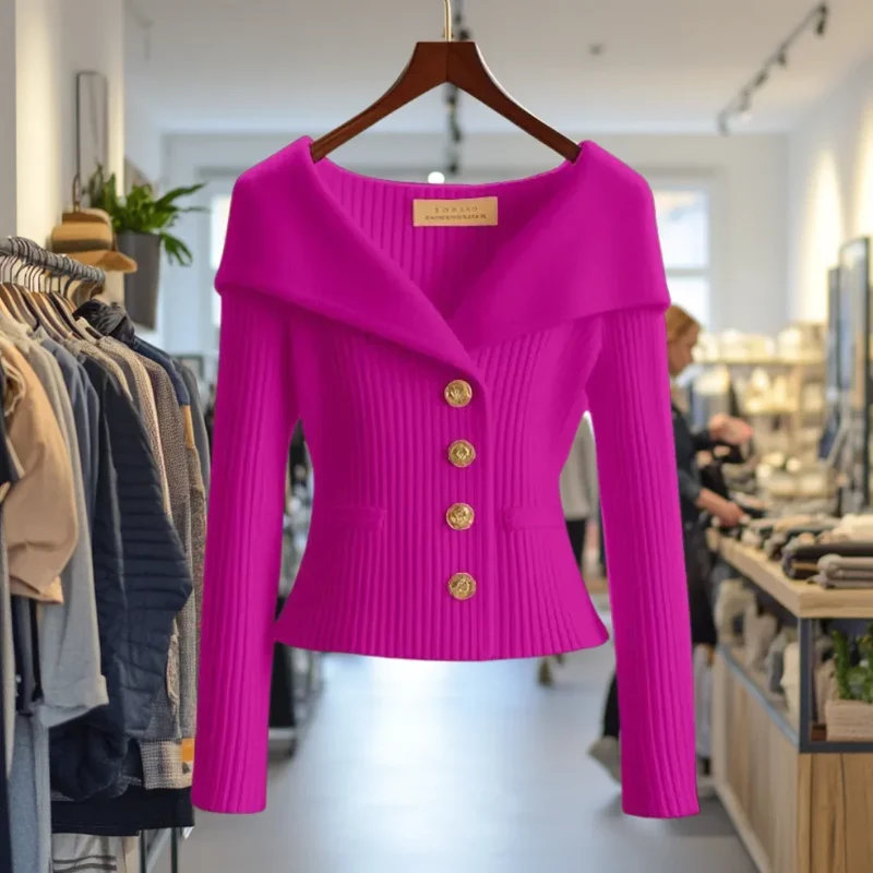 Damen Strickjacke mit breitem Kragen und Knöpfen