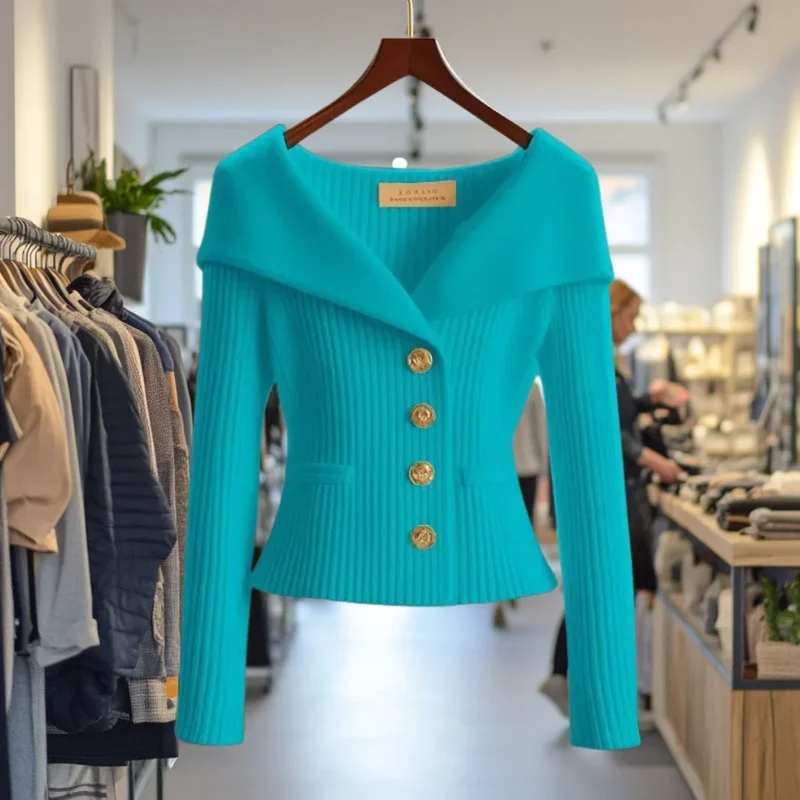 Damen Strickjacke mit breitem Kragen und Knöpfen