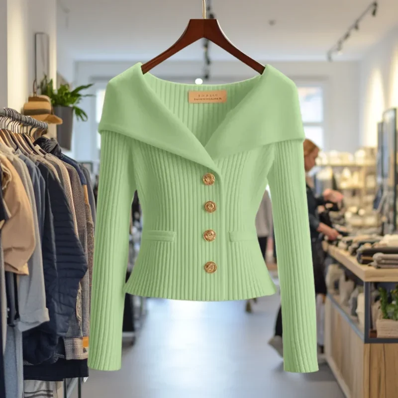 Damen Strickjacke mit breitem Kragen und Knöpfen