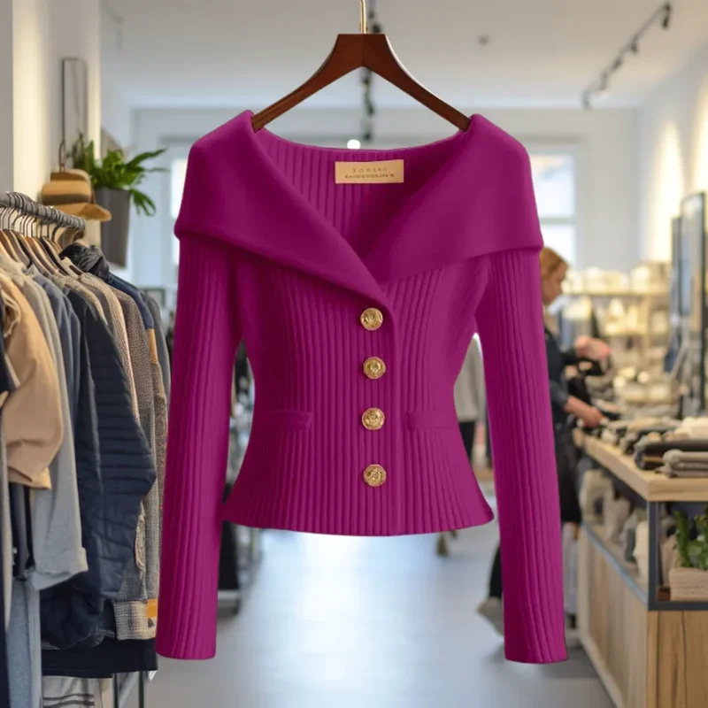 Damen Strickjacke mit breitem Kragen und Knöpfen
