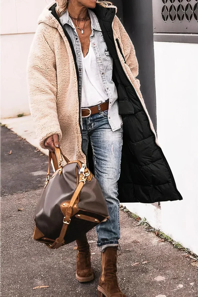 Damen Langer Wintermantel mit Kapuze und Teddyfutter