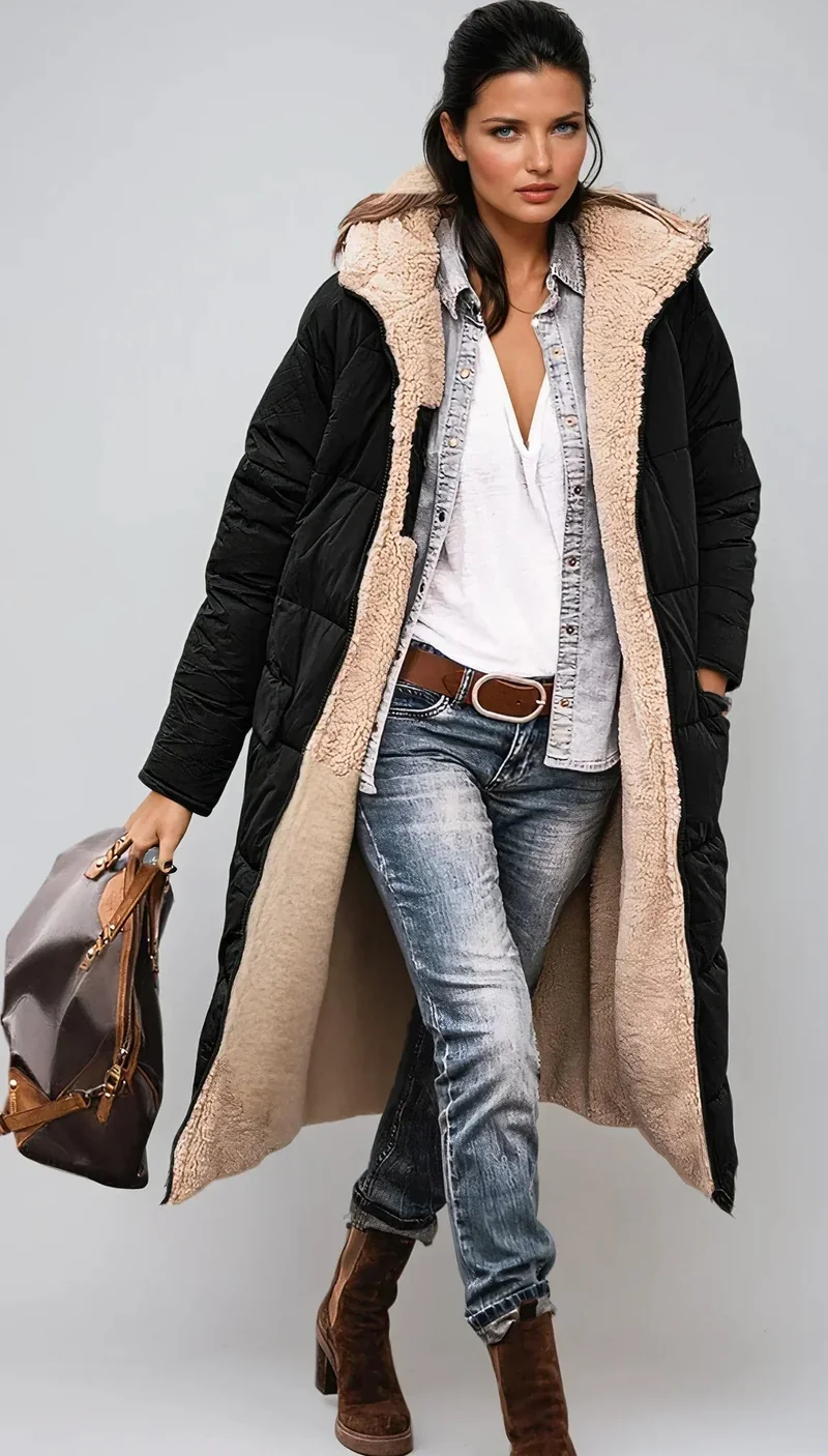 Damen Langer Wintermantel mit Kapuze und Teddyfutter