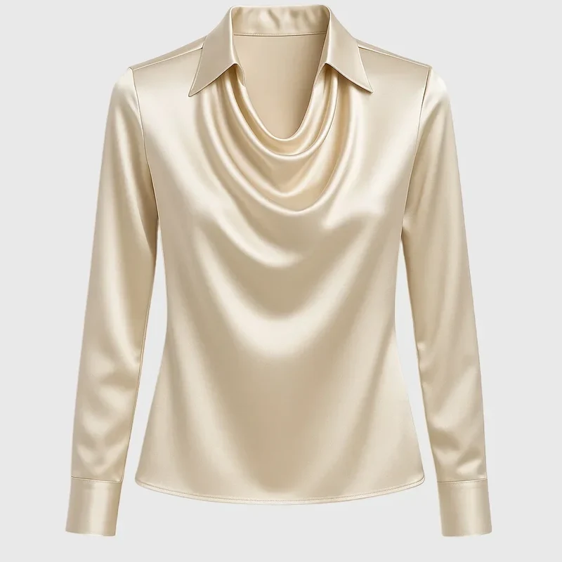 Damen Satinbluse mit Wasserfallausschnitt und Langarm