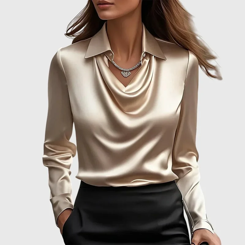 Damen Satinbluse mit Wasserfallausschnitt und Langarm