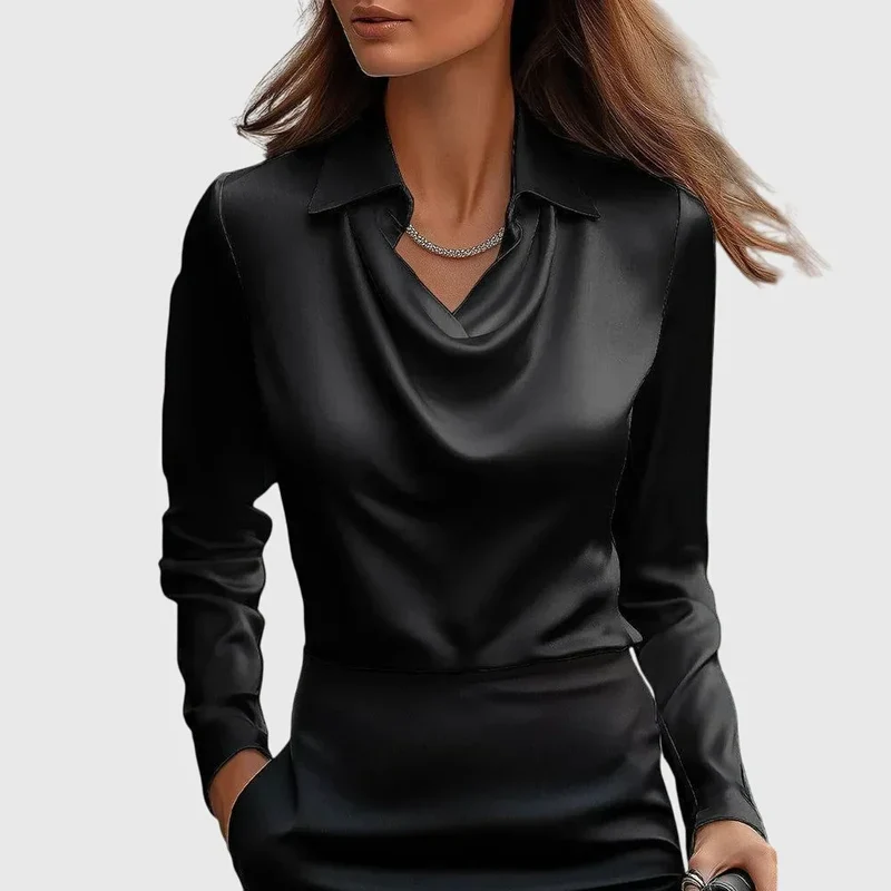Damen Satinbluse mit Wasserfallausschnitt und Langarm