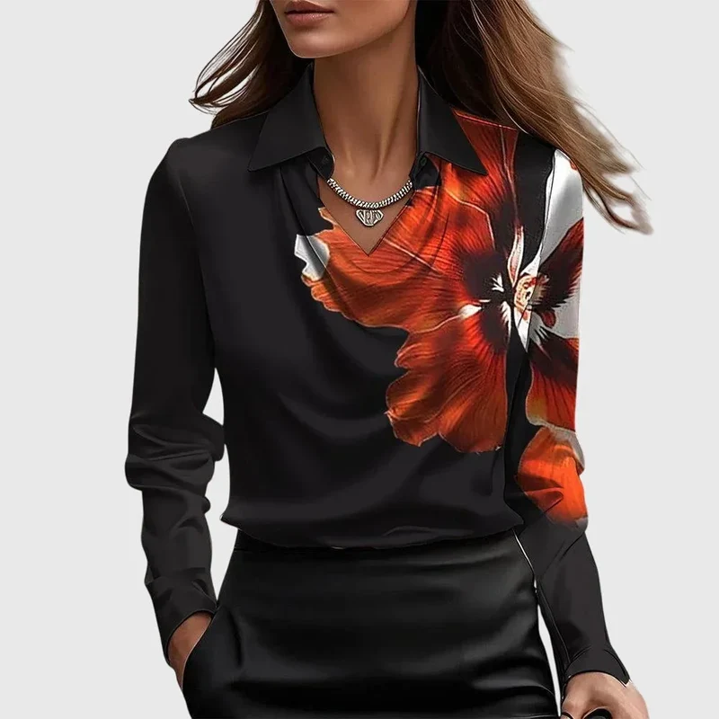 Damen Satinbluse mit Wasserfallausschnitt und Langarm