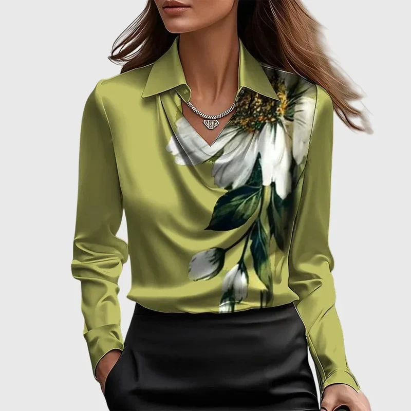 Damen Satinbluse mit Wasserfallausschnitt und Langarm