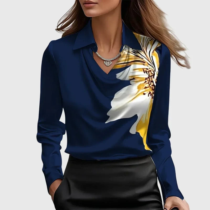 Damen Satinbluse mit Wasserfallausschnitt und Langarm