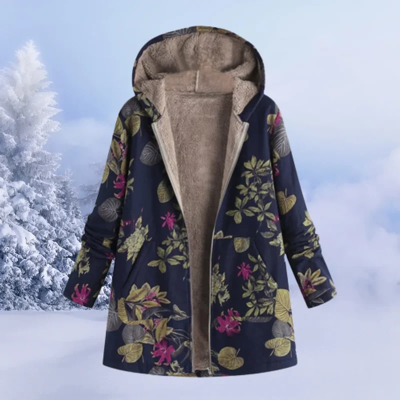 Damen Winterjacke mit trendigem Blumenmuster und Kapuze