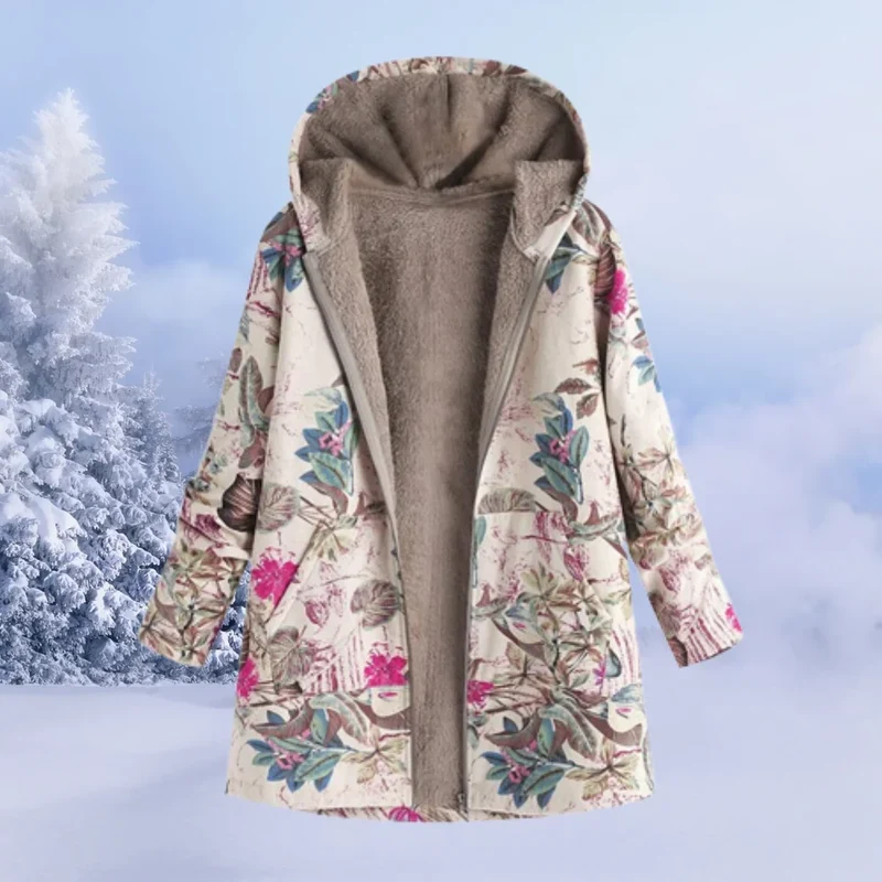 Damen Winterjacke mit trendigem Blumenmuster und Kapuze