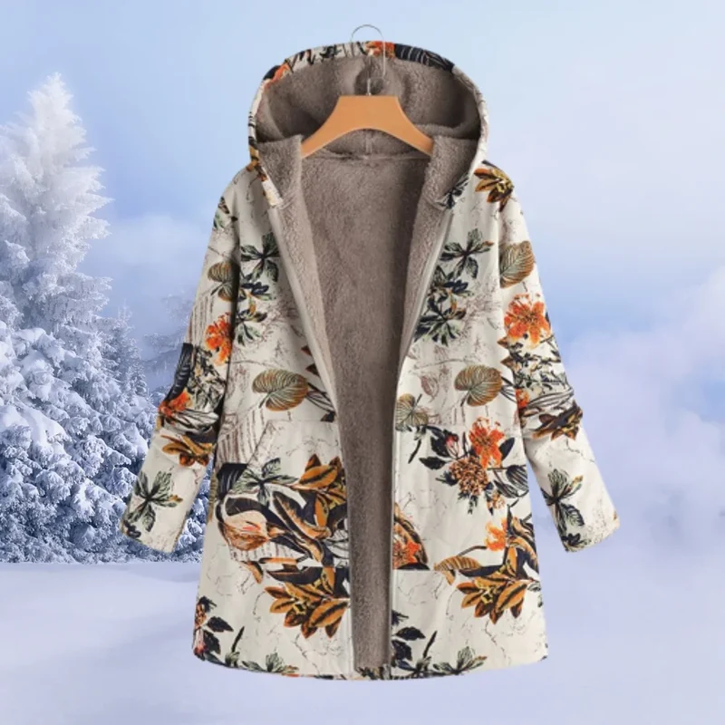 Damen Winterjacke mit trendigem Blumenmuster und Kapuze
