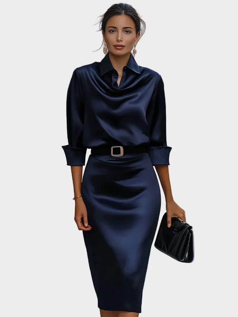 Sophia - Schimmerndes Midikleid mit drapiertem Kragen