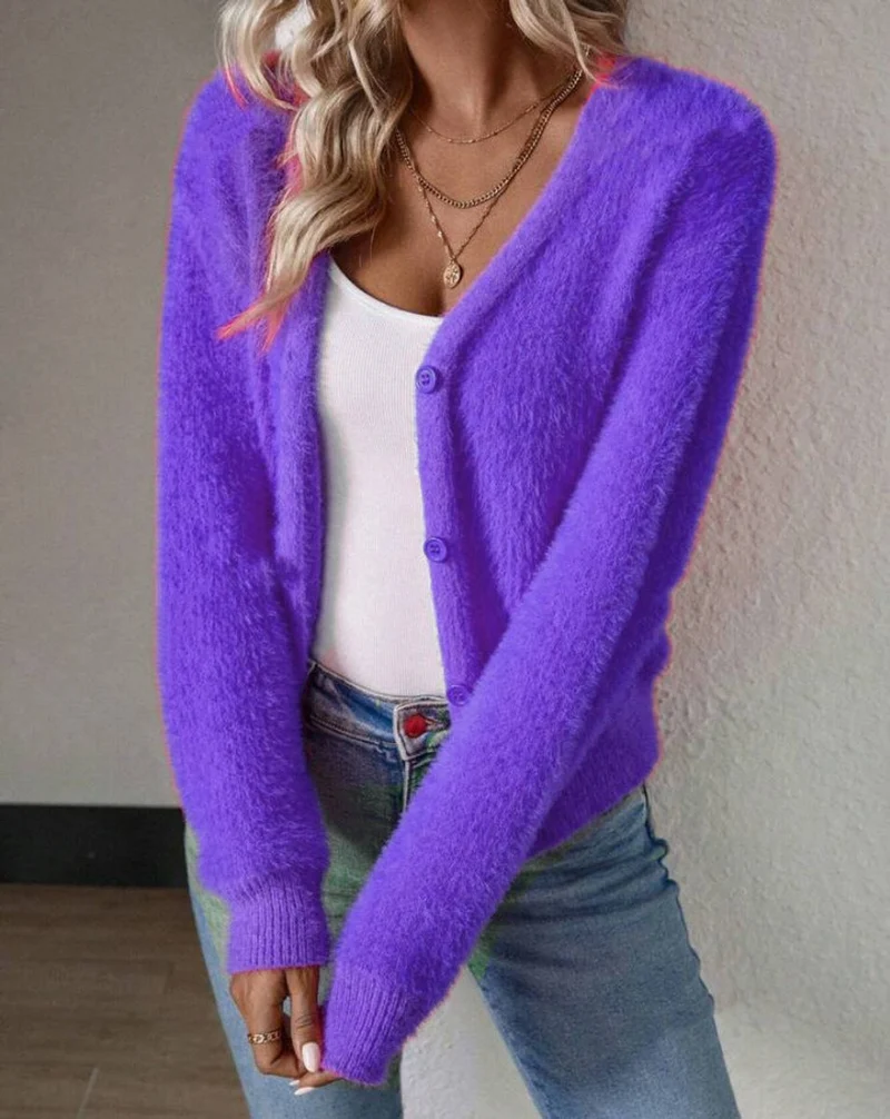 Luisa | Damen Flauschiger Langpullover mit V-Ausschnitt