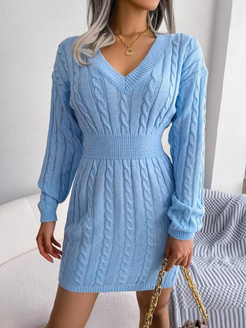 Ella | Damen Midi-Strickkleid mit Kabelstrickmuster für Herbst