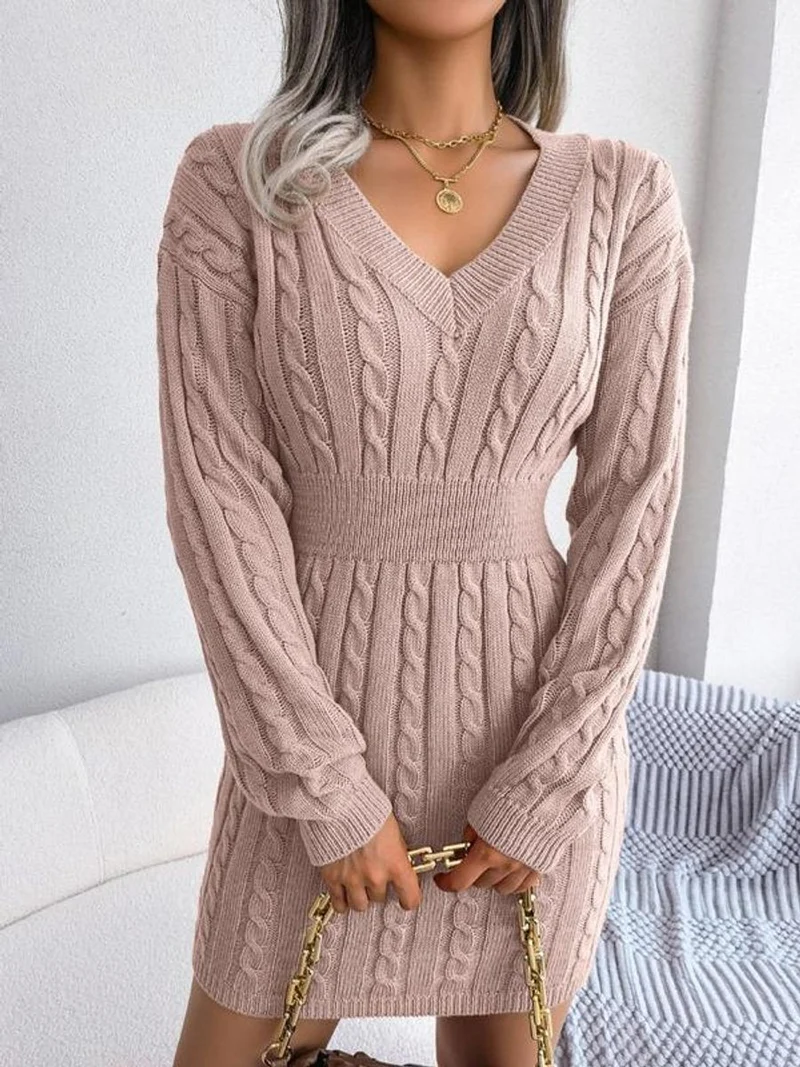 Ella | Damen Midi-Strickkleid mit Kabelstrickmuster für Herbst