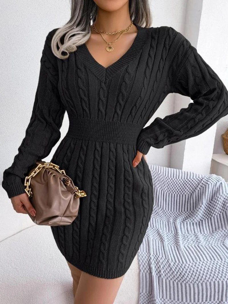 Ella | Damen Midi-Strickkleid mit Kabelstrickmuster für Herbst