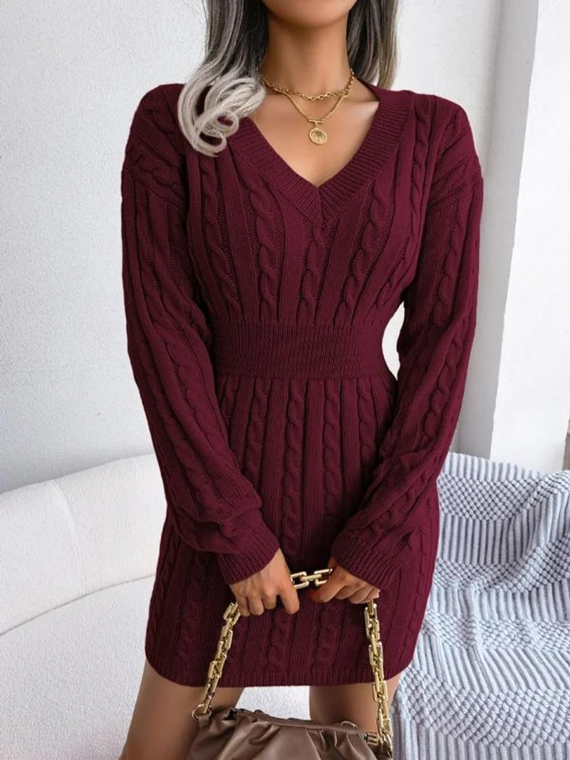 Ella | Damen Midi-Strickkleid mit Kabelstrickmuster für Herbst