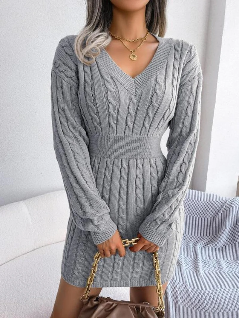 Ella | Damen Midi-Strickkleid mit Kabelstrickmuster für Herbst