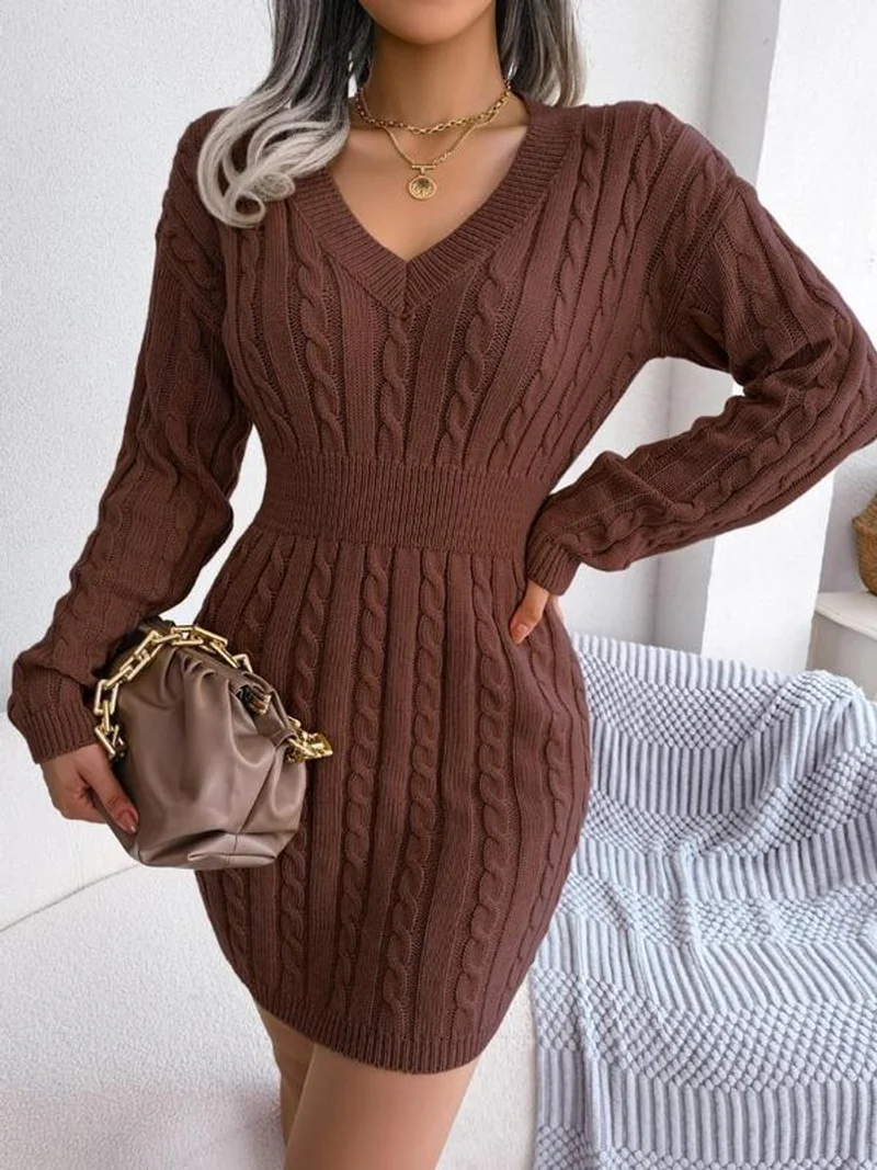 Ella | Damen Midi-Strickkleid mit Kabelstrickmuster für Herbst