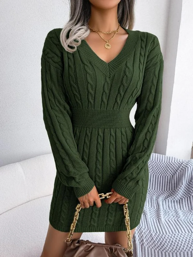 Ella | Damen Midi-Strickkleid mit Kabelstrickmuster für Herbst