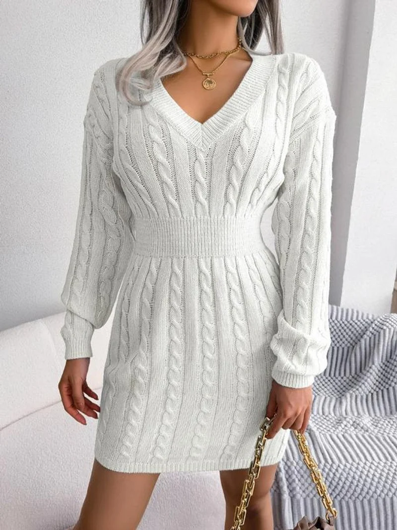 Ella | Damen Midi-Strickkleid mit Kabelstrickmuster für Herbst
