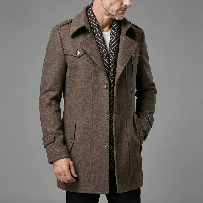 Eleganter Wärmender Herren Wollmantel mit Schal