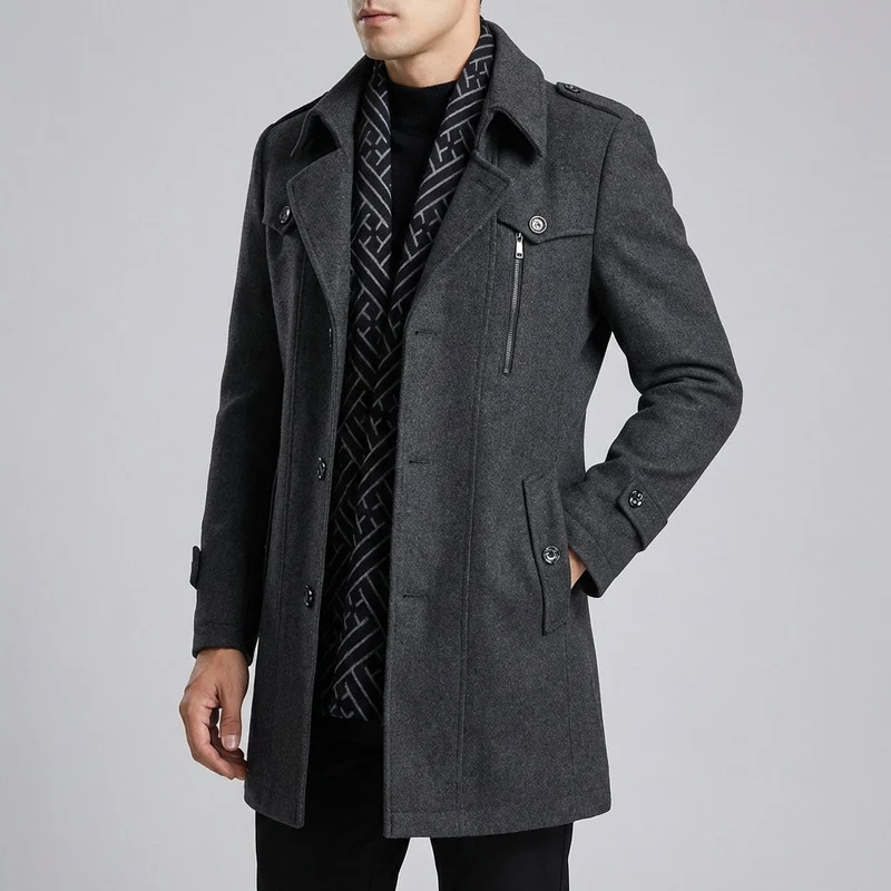 Eleganter Wärmender Herren Wollmantel mit Schal