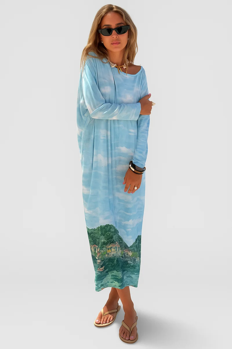 Aurora langärmliges Sommer-Maxikleid mit einzigartigem Druck