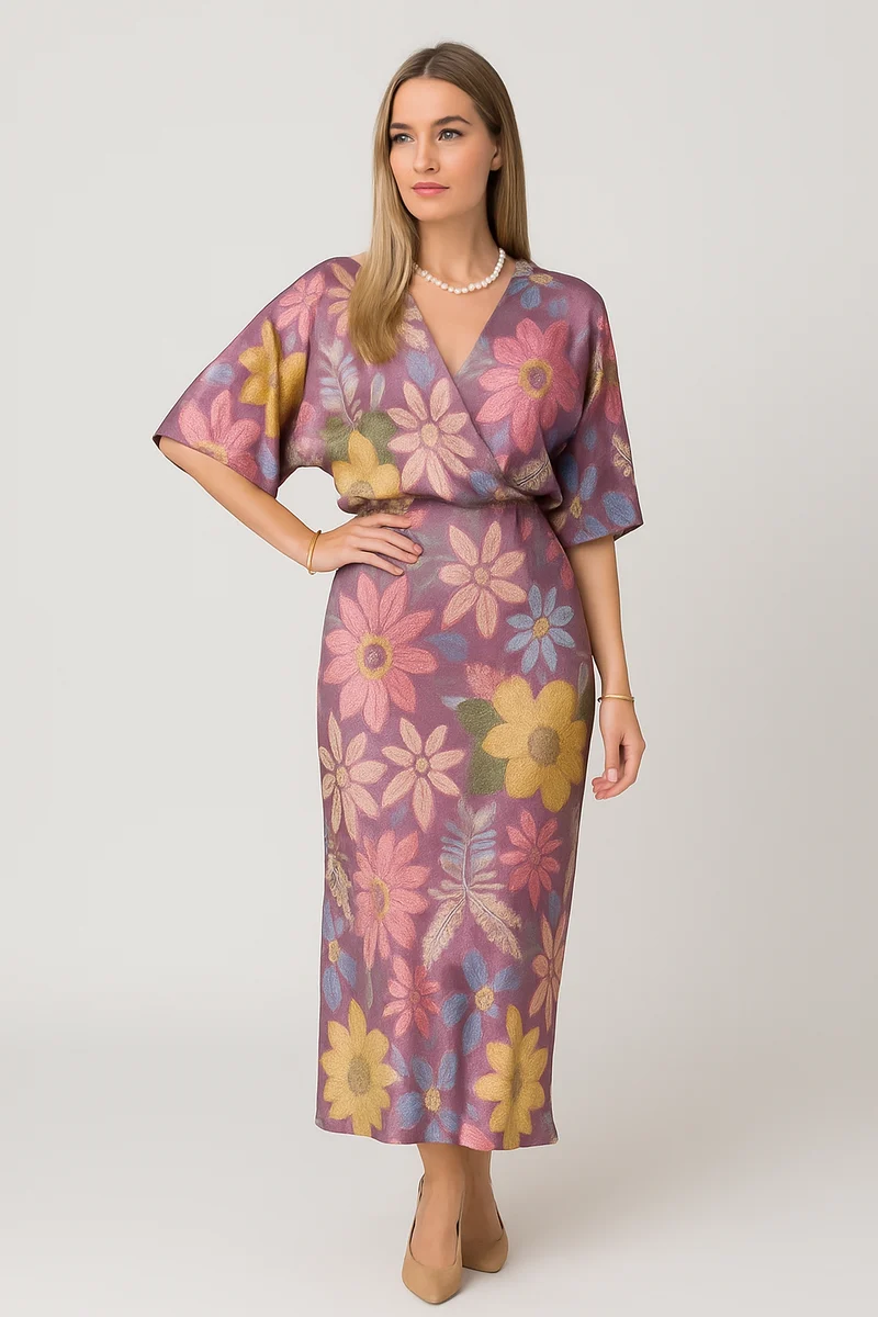 Fleuréline – Verfeinerte Mittellangkleid mit halber Knopfleiste, Knopfleiste und breiten Ärmeln im Blumenmuster