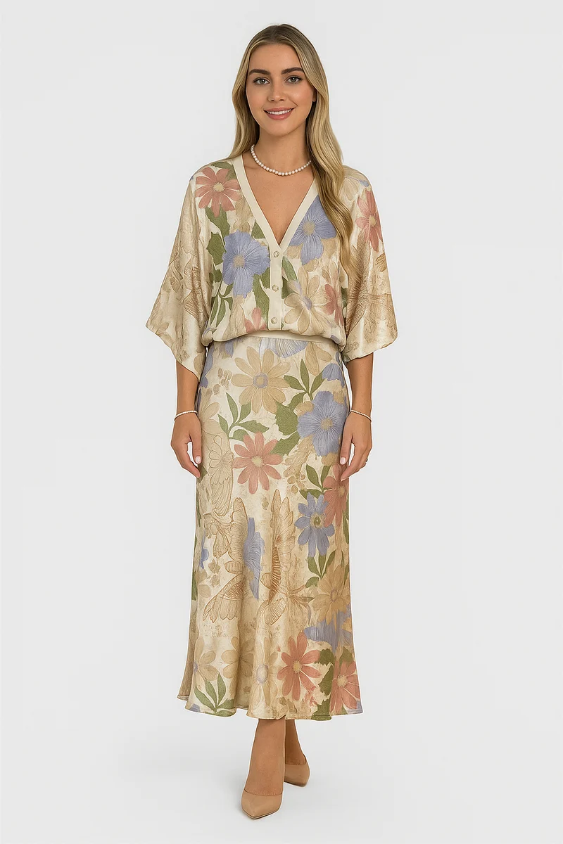 Fleuréline – Verfeinerte Mittellangkleid mit halber Knopfleiste, Knopfleiste und breiten Ärmeln im Blumenmuster