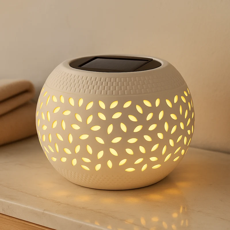 LumaWeave – Solarbetriebene Tischlampe mit geöstem Muster