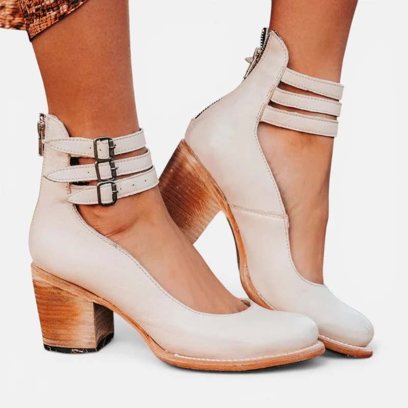 Damen Stiefeletten mit Blockabsatz und Schnallenriemen