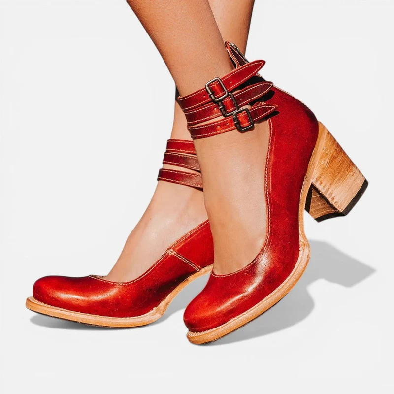 Damen Stiefeletten mit Blockabsatz und Schnallenriemen