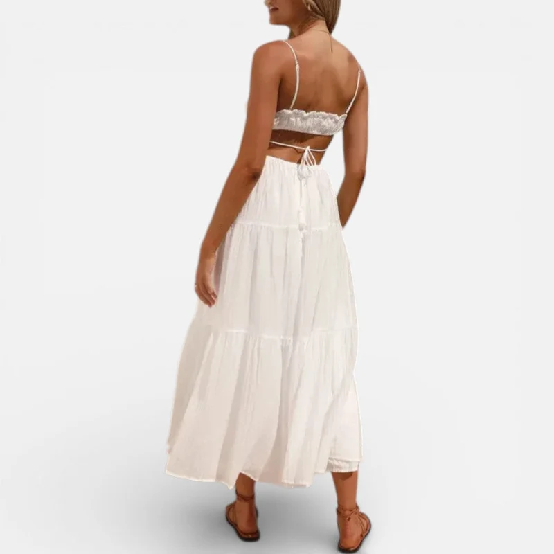 Weißes Leinen Sommer Midikleid mit Spaghettiträgern