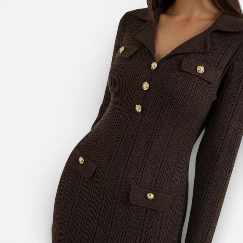 Damen Langarm Maxikleid mit Kragen