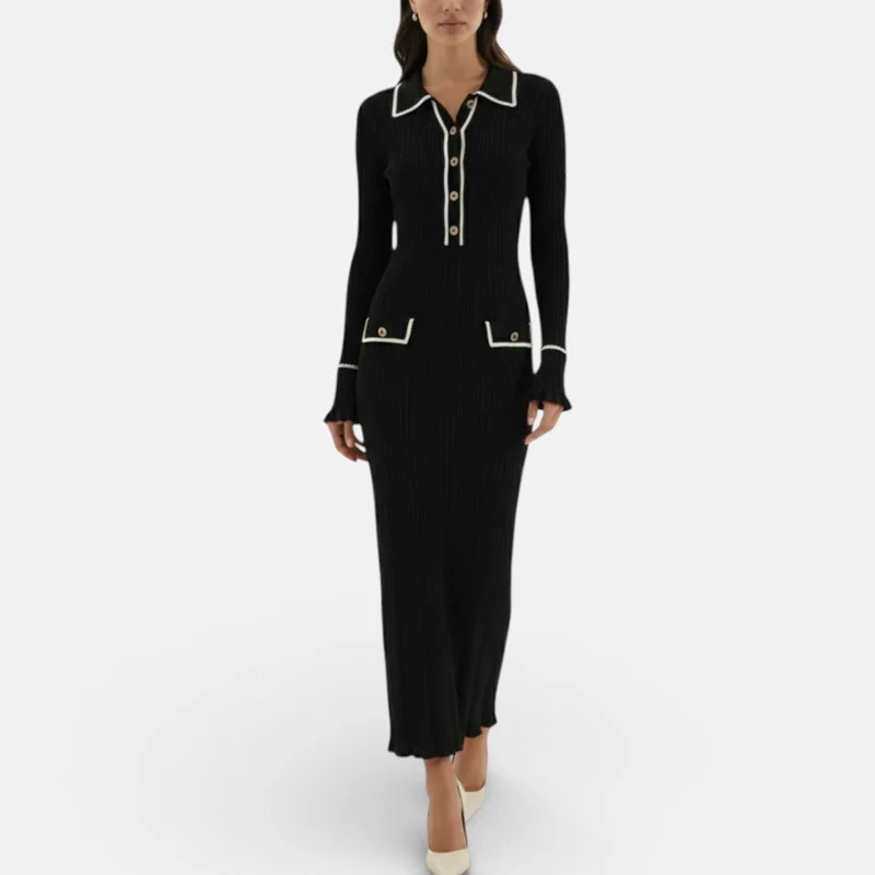 Damen Langarm Maxikleid mit Kragen und Knopfleiste