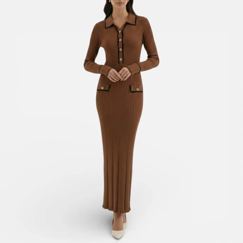 Damen Langarm Maxikleid mit Kragen und Knopfleiste