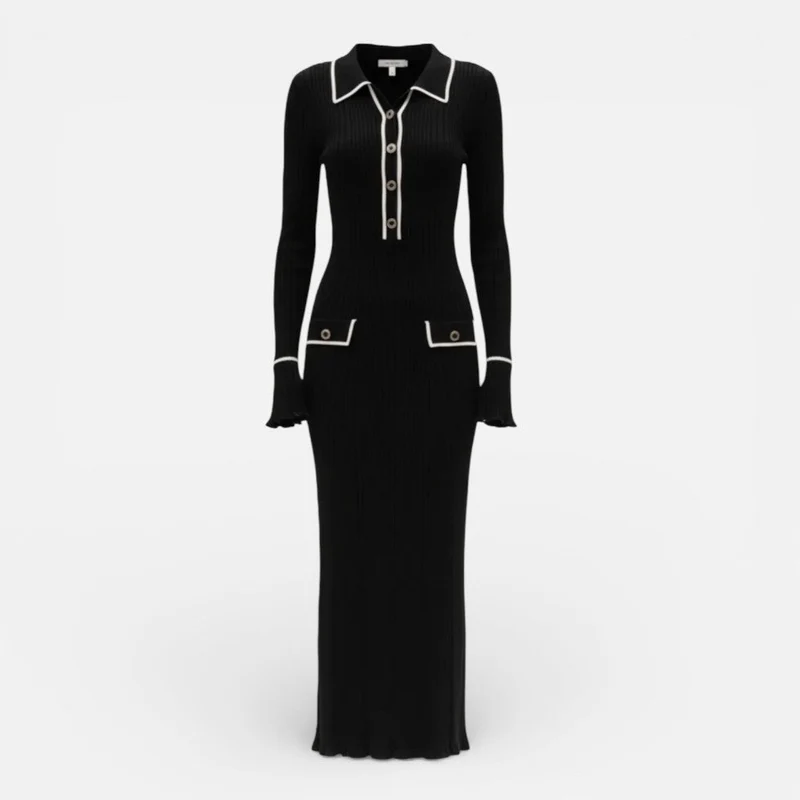 Damen Langarm Maxikleid mit Kragen und Knopfleiste