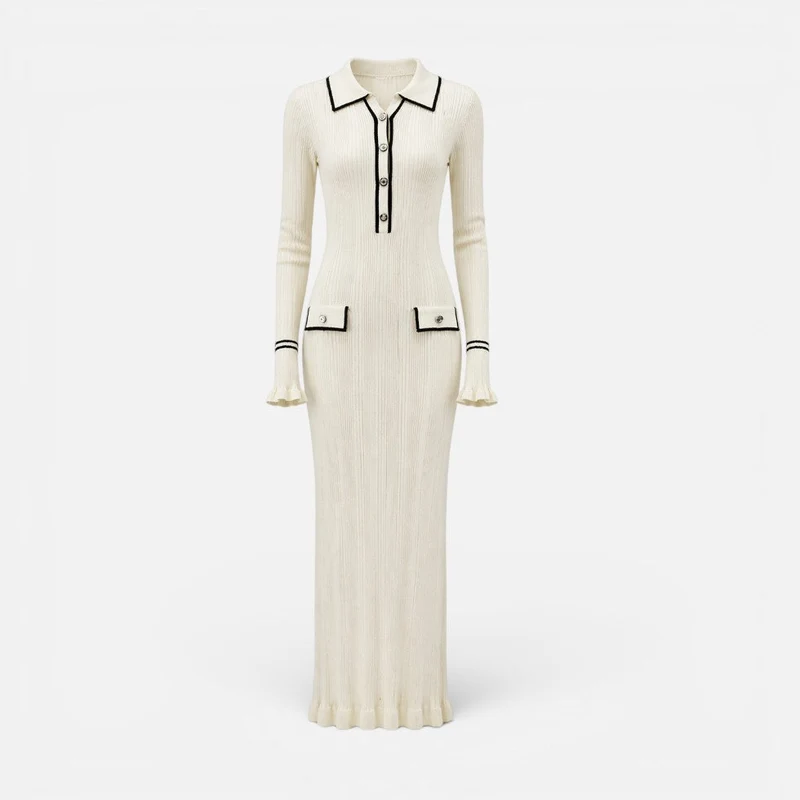 Damen Langarm Maxikleid mit Kragen und Knopfleiste