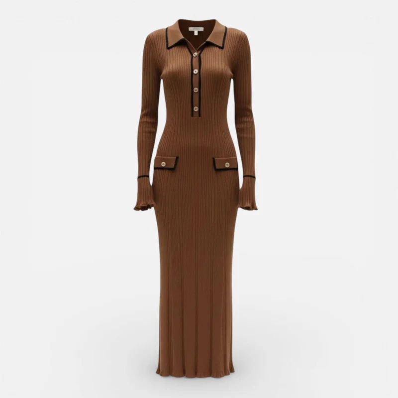 Damen Langarm Maxikleid mit Kragen und Knopfleiste