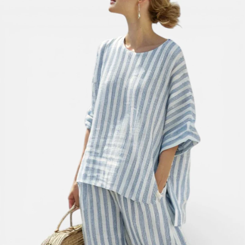 Damen Zweiteiler Set Gestreift Bluse und Hose