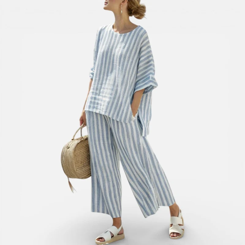 Damen Zweiteiler Set Gestreift Bluse und Hose