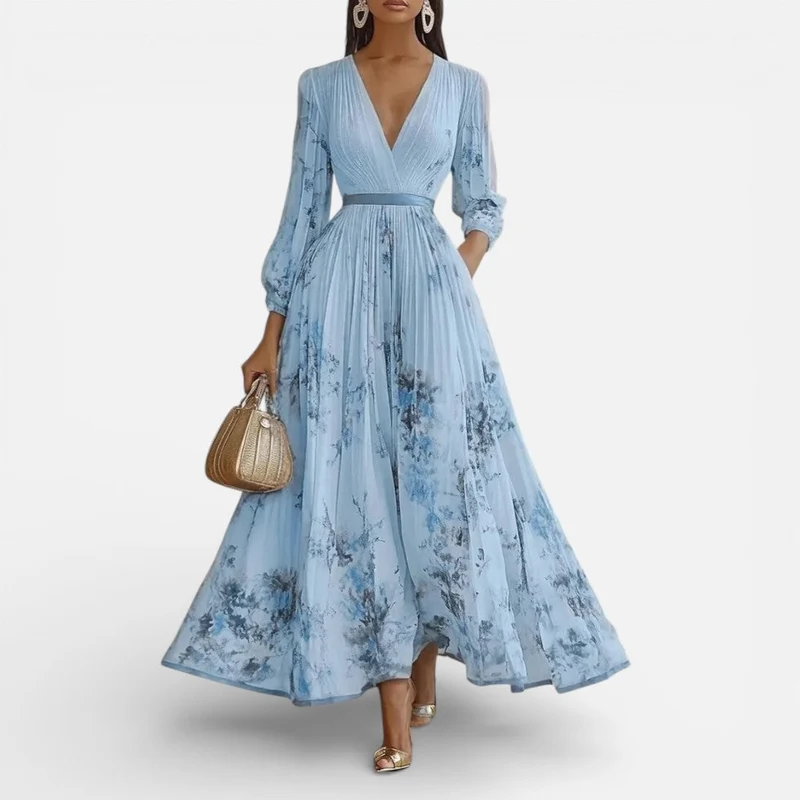 Damen Midikleid Plissee V Ausschnitt