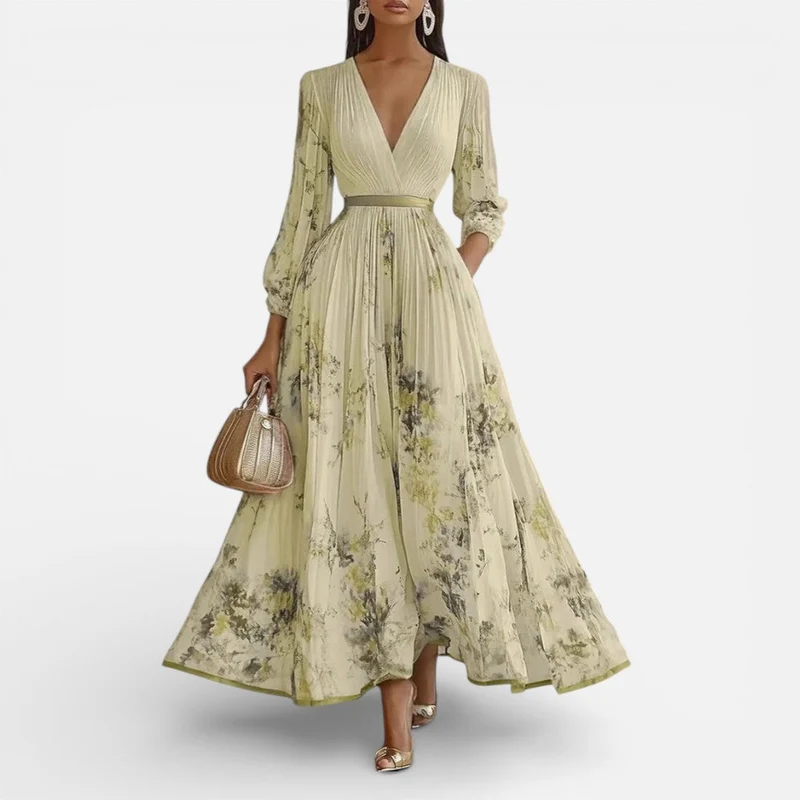 Damen Midikleid Plissee V Ausschnitt