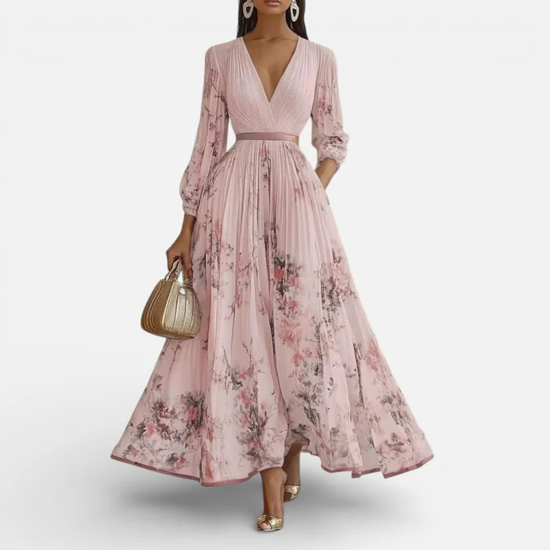 Damen Midikleid Plissee V Ausschnitt