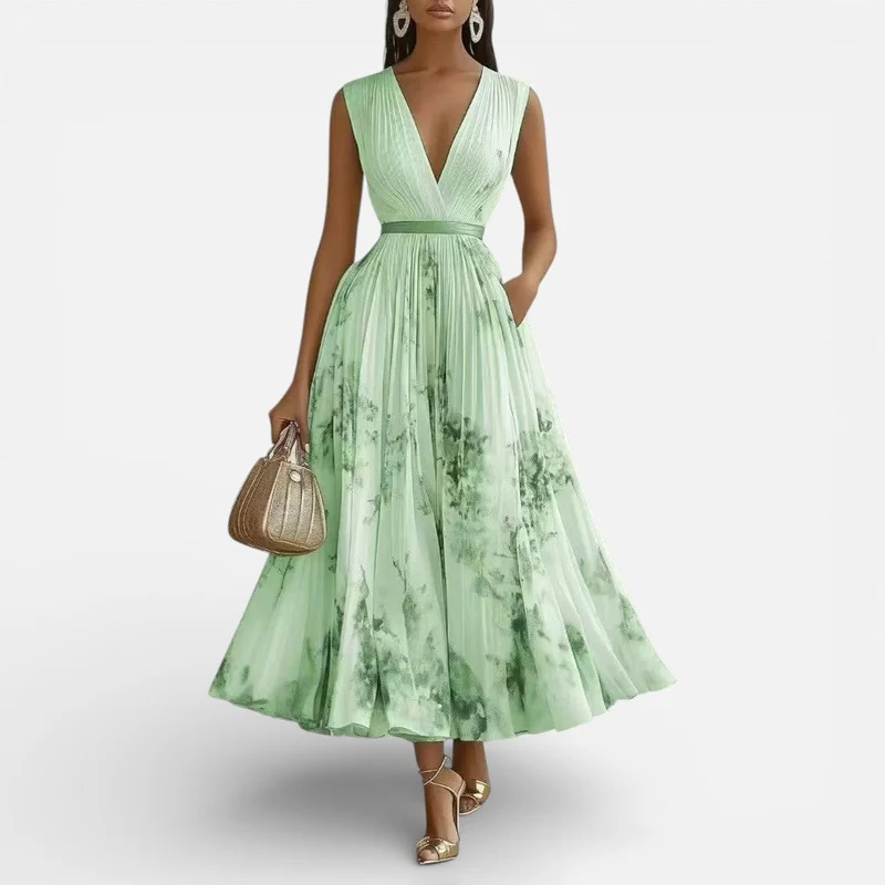 Damen Midikleid Plissee V Ausschnitt